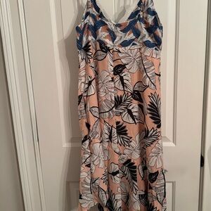 POL A-Line Dress with Leaf Print in Blue and Peach NWOT